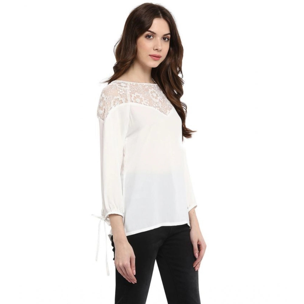 PKRKART Women's Polyester Georgette Self Design 3-4th Sleeves Regular Top (White)