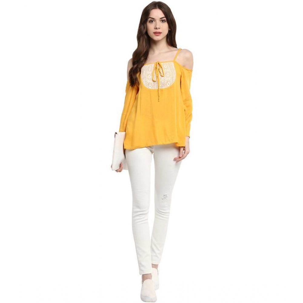 PKRKART Women's Rayon Embellished Cold Shoulder Regular Top (Mustard Yellow)