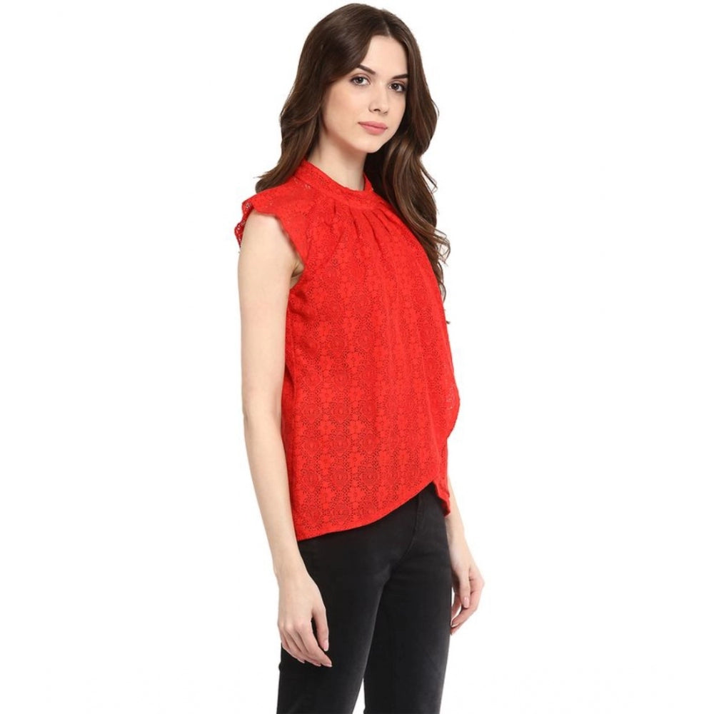 PKRKART Women's Cotton Lace Embellished Cap Sleeve Regular Top (Red)