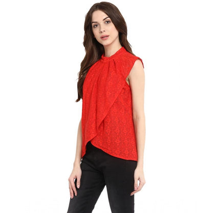 PKRKART Women's Cotton Lace Embellished Cap Sleeve Regular Top (Red)