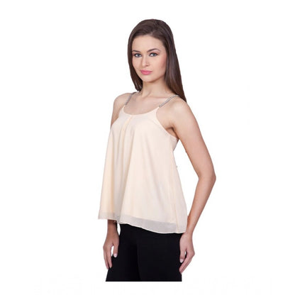 PKRKART Women's Polyester Solid Shoulder Straps Regular Top (Beige)
