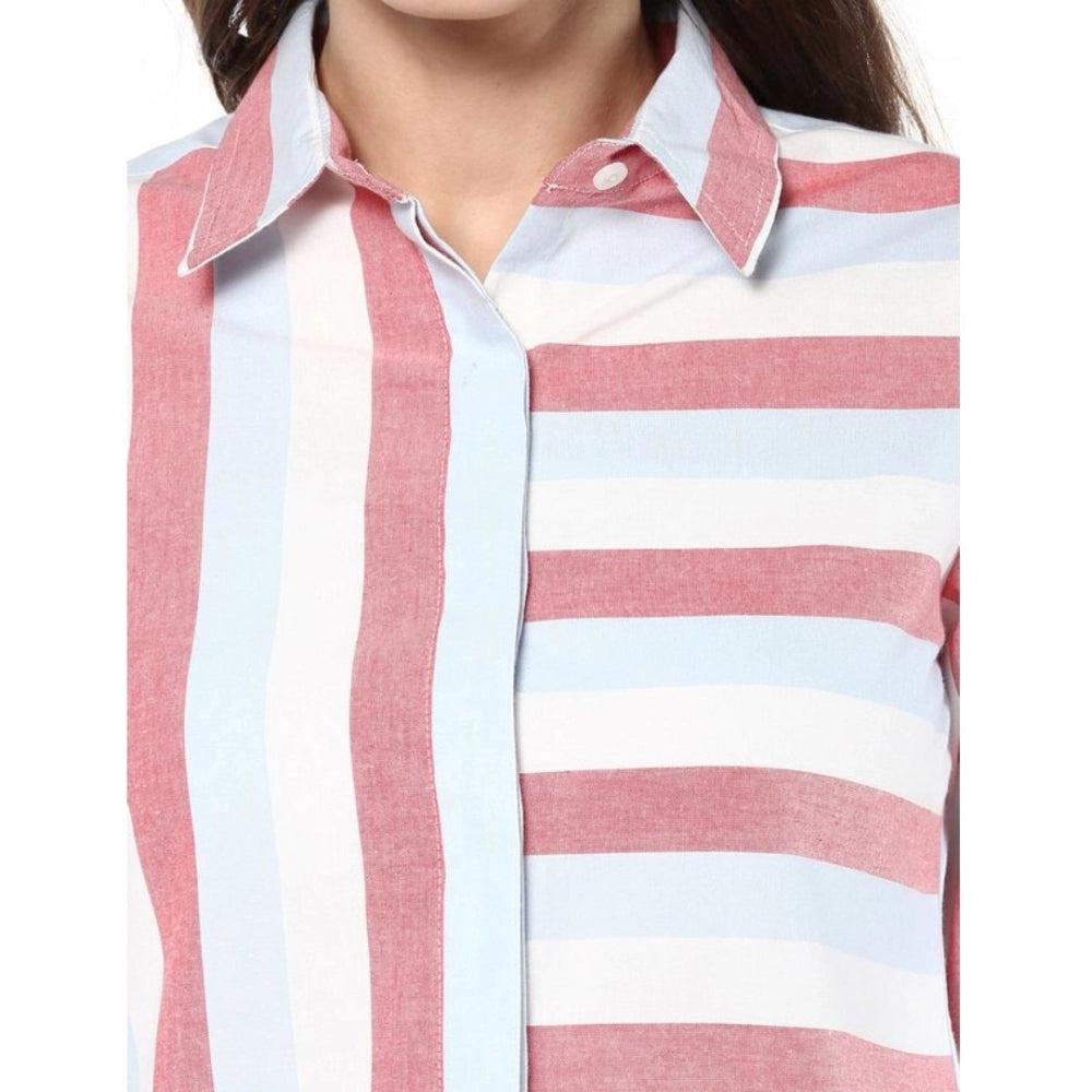 PKRKART Women's Cotton Striped Roll Up Sleeve Regular Top (Red)