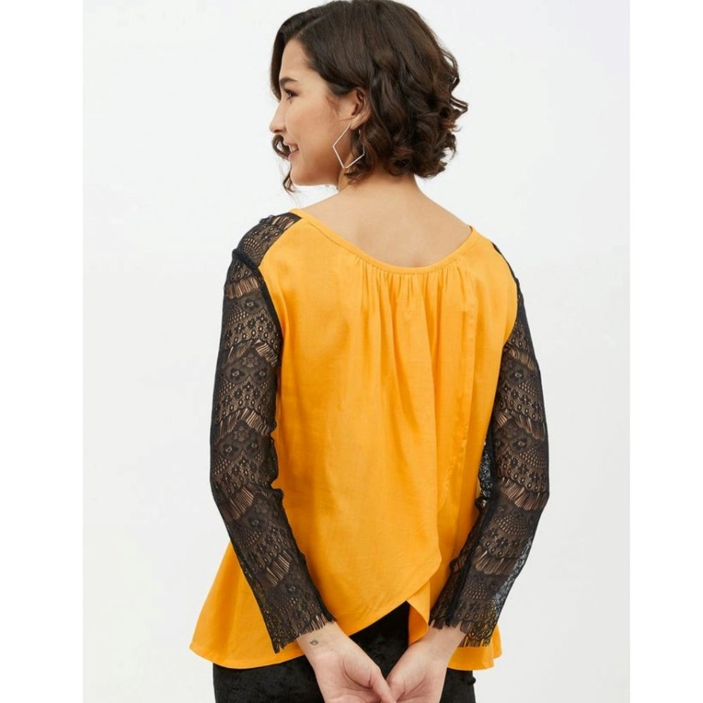 PKRKART Women's Rayon Lace Inserts Long Sleeves Top (Yellow)