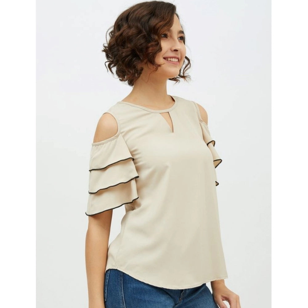 PKRKART Women's Polyester Tiered Cold Shoulder Top (Beige)