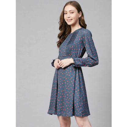 PKRKART Women's Polyester Polka Long Sleeves Above Knee Dress (Grey - Coral)