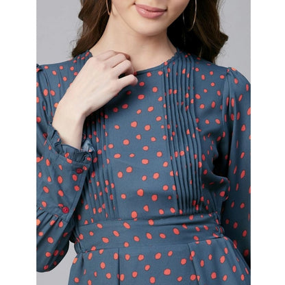 PKRKART Women's Polyester Polka Long Sleeves Above Knee Dress (Grey - Coral)