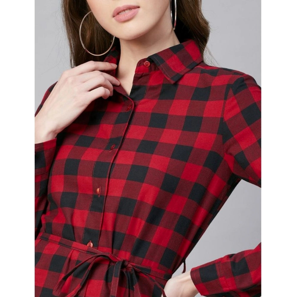 PKRKART Women's Cotton Checkered Long Sleeves Above Knee Dress (Red - Black)