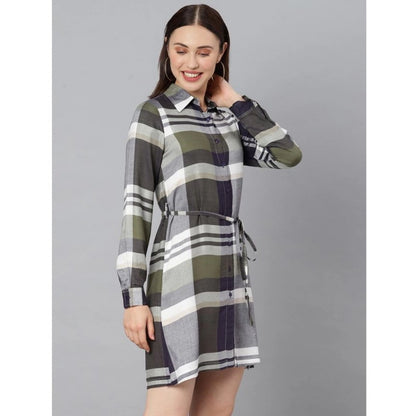PKRKART Women's Cotton Checkered Long Sleeves Above Knee Dress (Olive - White)