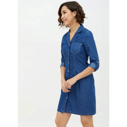 PKRKART Women's Denim Solid Long Sleeves Above Knee Dress (Blue)
