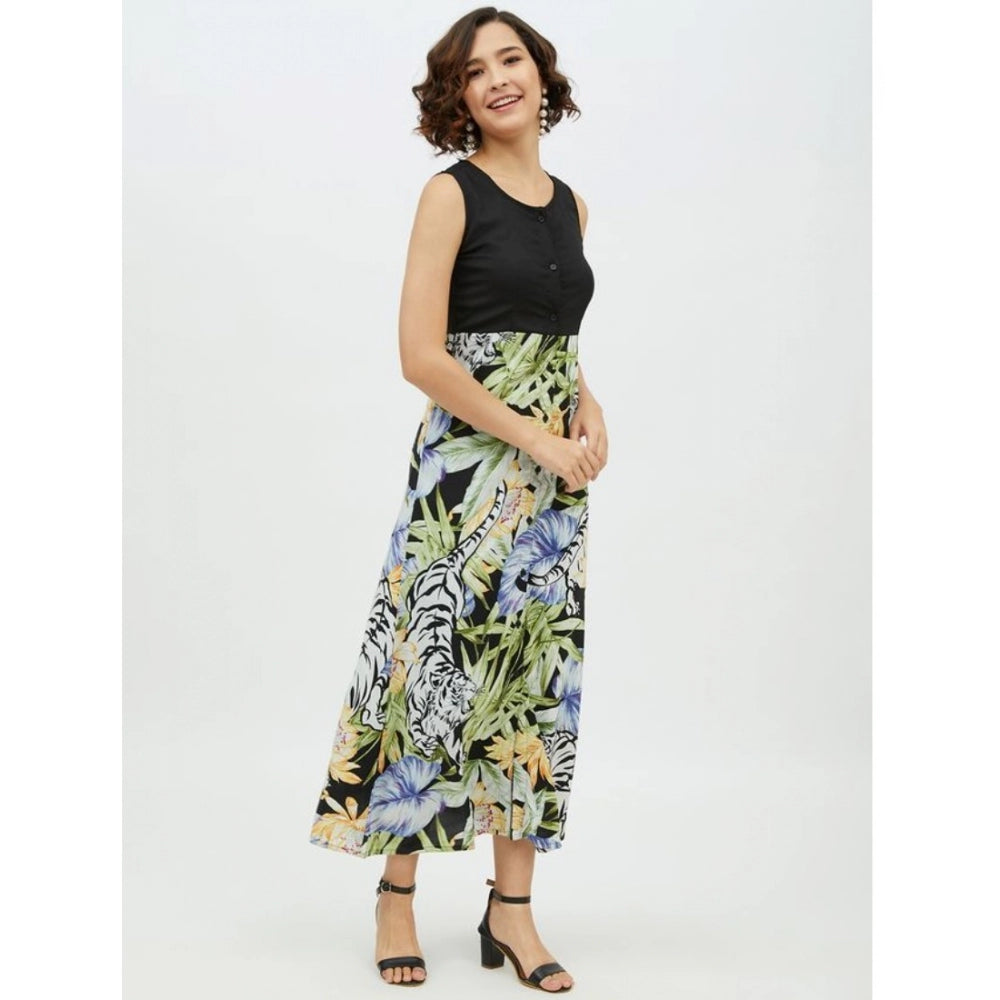 PKRKART Women's Rayon Floral Sleeveless Calf-length Dress (Multicolor)