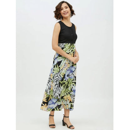 PKRKART Women's Rayon Floral Sleeveless Calf-length Dress (Multicolor)