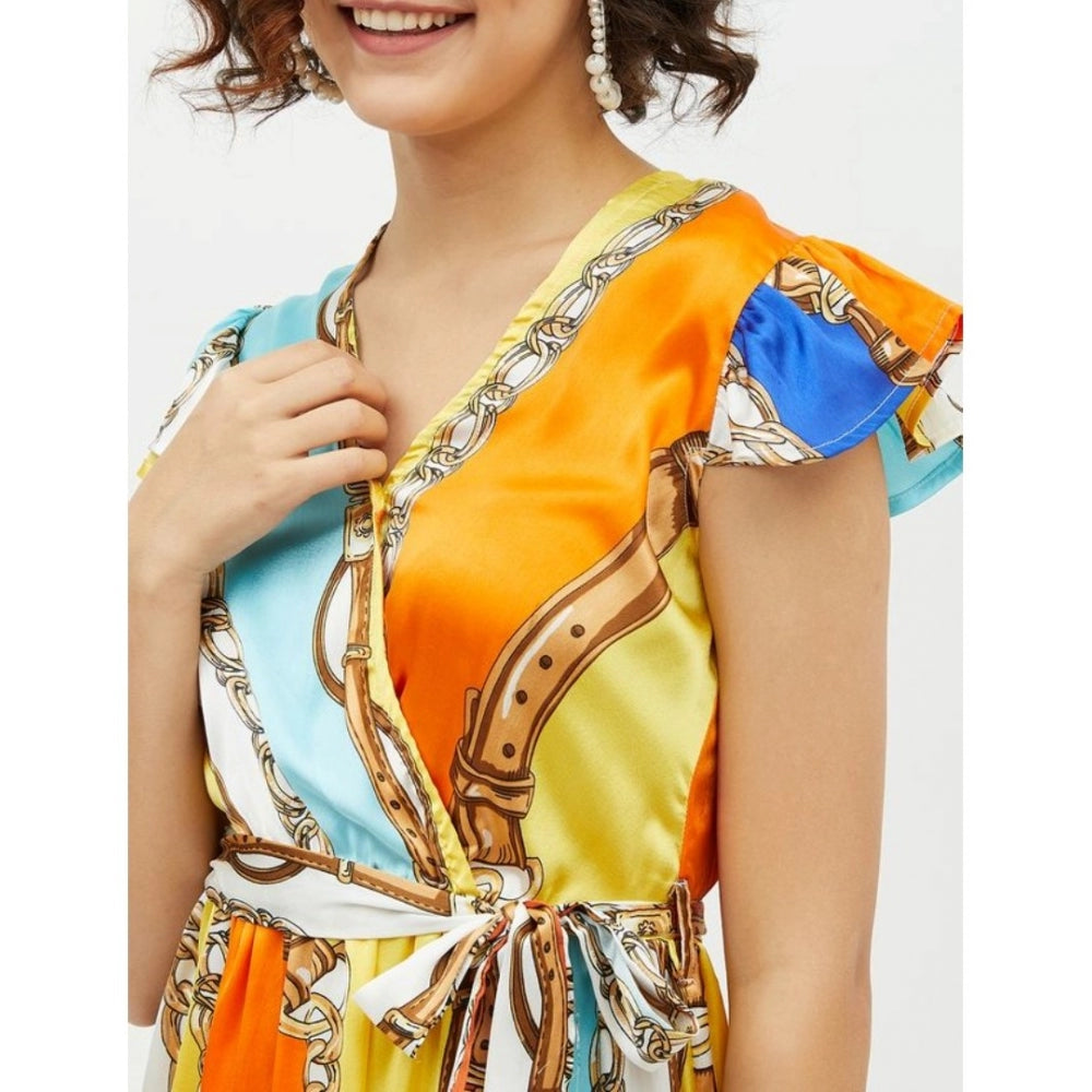 PKRKART Women's Satin Chain Print Cap Sleeve Calf-length Dress (Multicolor)