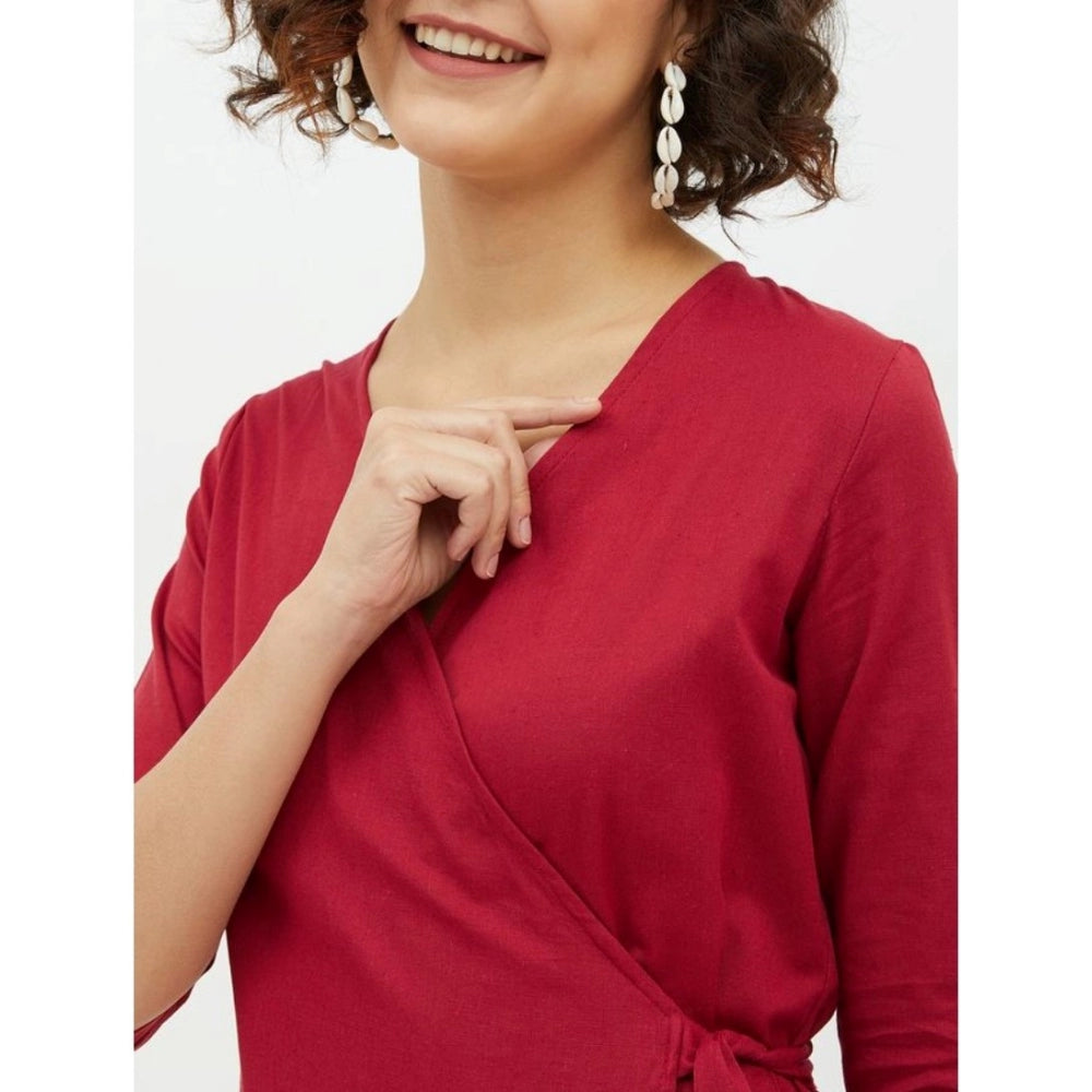 PKRKART Women's Cotton Wrap 3-4th Sleeves Above Knee Dress (Maroon)