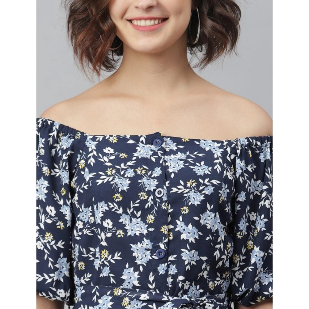 PKRKART Women's Polyester Off Shoulder Half Sleeve Above Knee Dress (Blue)
