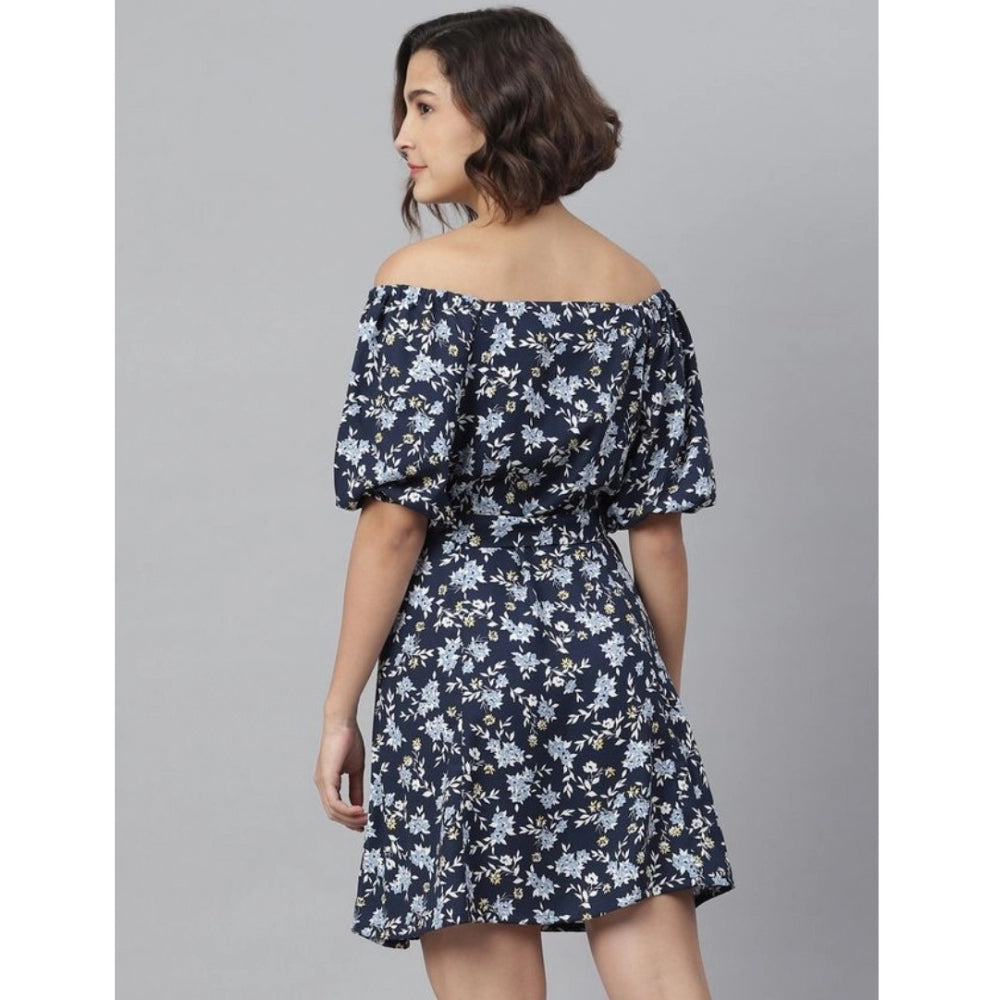 PKRKART Women's Polyester Off Shoulder Half Sleeve Above Knee Dress (Blue)