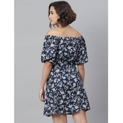 PKRKART Women's Polyester Off Shoulder Half Sleeve Above Knee Dress (Blue)
