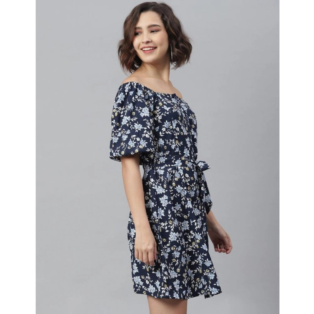 PKRKART Women's Polyester Off Shoulder Half Sleeve Above Knee Dress (Blue)