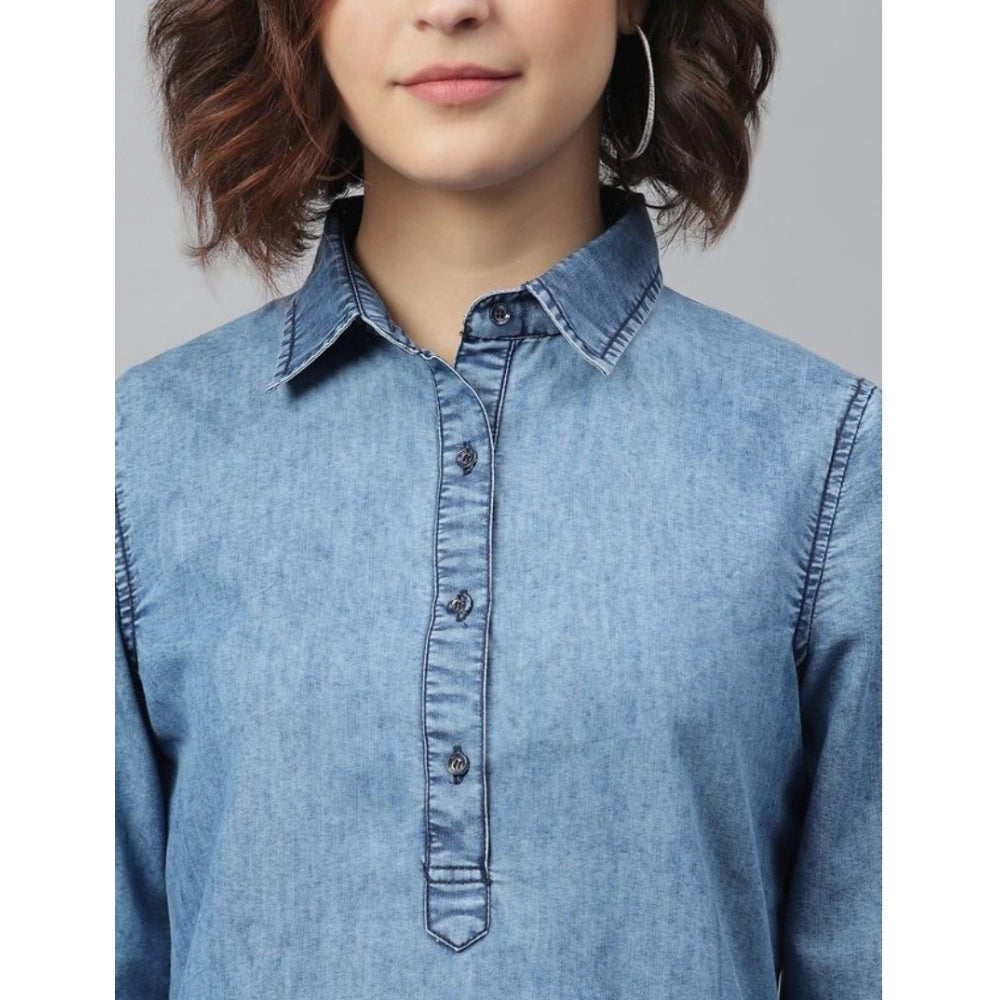 PKRKART Women's Denim Solid Long Sleeves Above Knee Dress (Ice Blue)