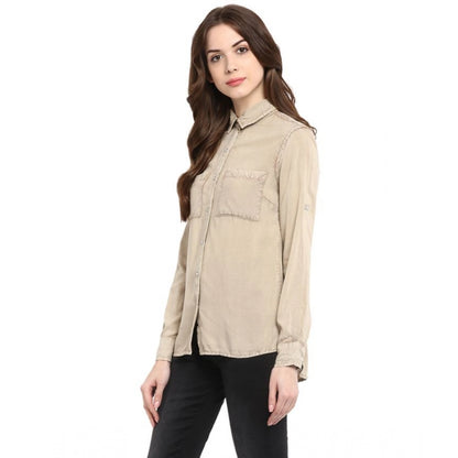 PKRKART Women's Rayon Solid Long Sleeves Standard Length Shirt (Beige)
