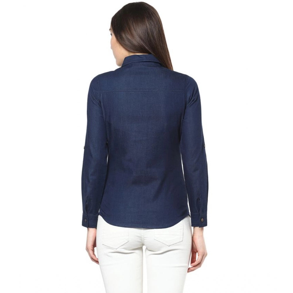 PKRKART Women's Denim Patch Work Long Sleeves Standard Length Shirt (Blue)