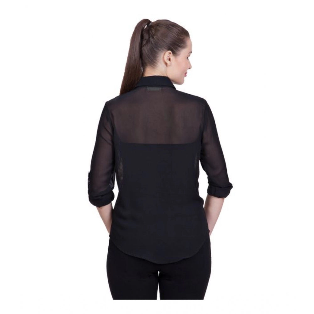 PKRKART Women's Polyester Printed Roll Up Sleeve Standard Length Shirt (Black)