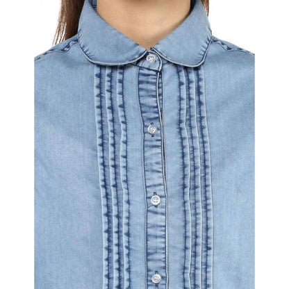 PKRKART Women's Denim Solid 3-4th Sleeves Standard Length Shirt (Blue)