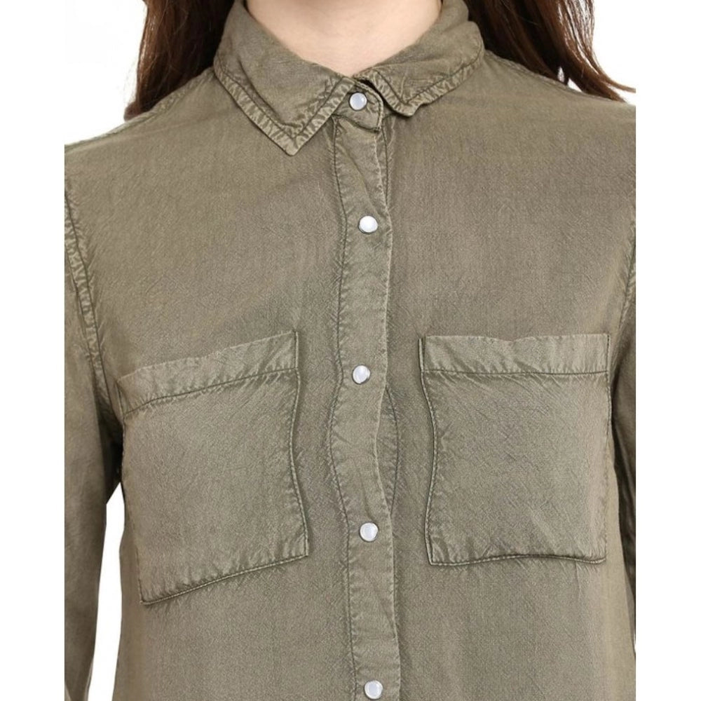 PKRKART Women's Rayon Solid Long Sleeves Standard Length Shirt (Olive Green)