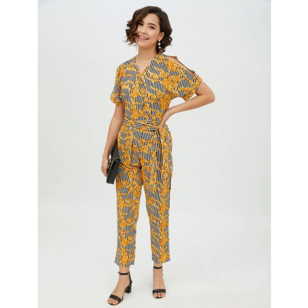 PKRKART Women's Polyester Printed Half Sleeve Long Jumpsuit (Yellow)