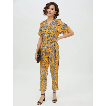 PKRKART Women's Polyester Printed Half Sleeve Long Jumpsuit (Yellow)