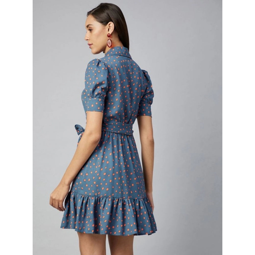 PKRKART Women's Polyester Polka Short Sleeve Above Knee Dress (Grey - Coral)