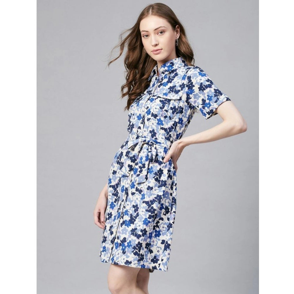 PKRKART Women's Polyester Floral Short Sleeve Above Knee Dress (Blue - White)