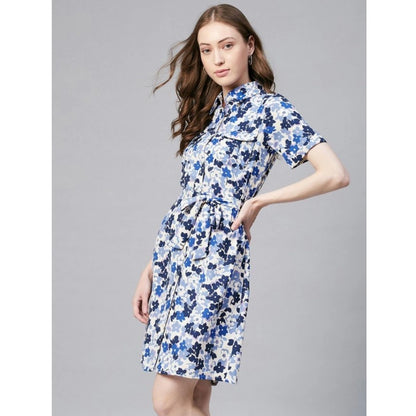 PKRKART Women's Polyester Floral Short Sleeve Above Knee Dress (Blue - White)