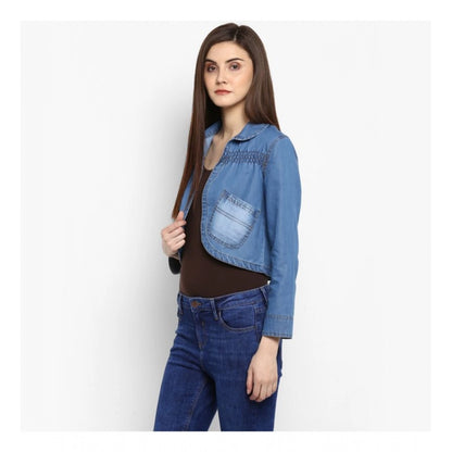 PKRKART Women's Denim Smocking 3-4th Sleeves Shrug (Blue)
