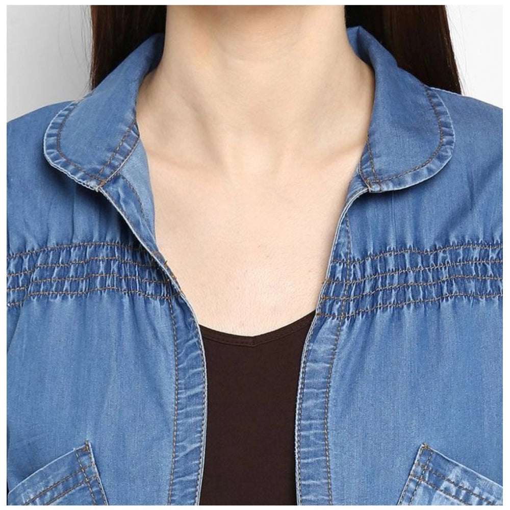 PKRKART Women's Denim Smocking 3-4th Sleeves Shrug (Blue)