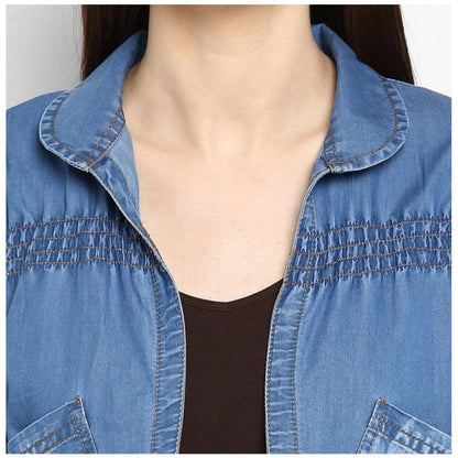PKRKART Women's Denim Smocking 3-4th Sleeves Shrug (Blue)