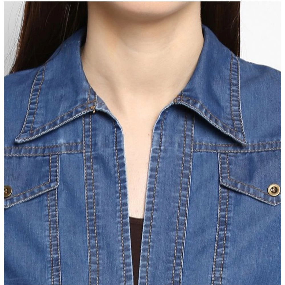 PKRKART Women's Denim Solid 3-4th Sleeves Shrug (Blue)