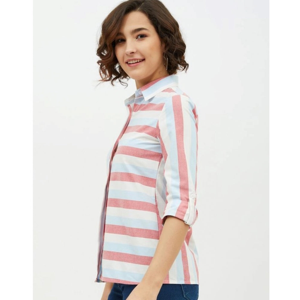 PKRKART Women's Cotton Striped Long Sleeves Standard Length Shirt (Pink)