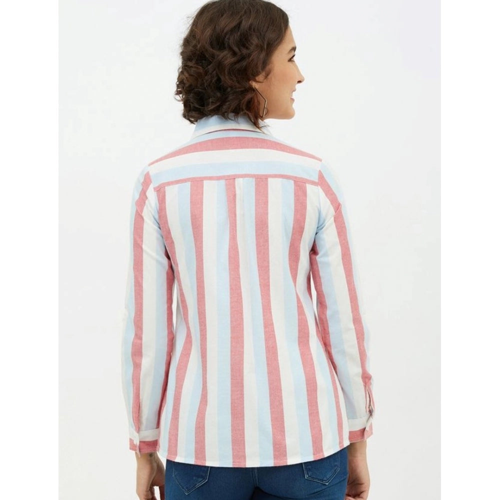 PKRKART Women's Cotton Striped Long Sleeves Standard Length Shirt (Pink)