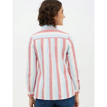 PKRKART Women's Cotton Striped Long Sleeves Standard Length Shirt (Pink)