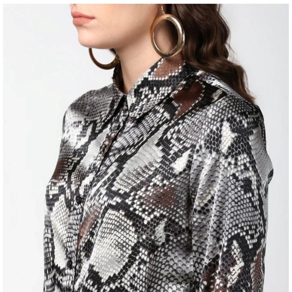 PKRKART Women's Satin Animal Print Long Sleeves Standard Length Shirt (Black - Grey)