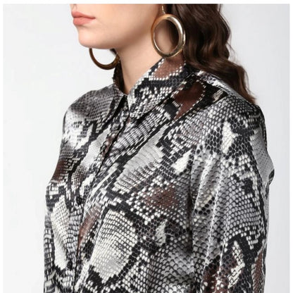 PKRKART Women's Satin Animal Print Long Sleeves Standard Length Shirt (Black - Grey)
