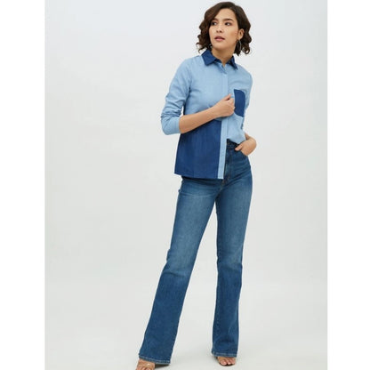 PKRKART Women's Denim Patch Work Long Sleeves Standard Length Shirt (Blue)