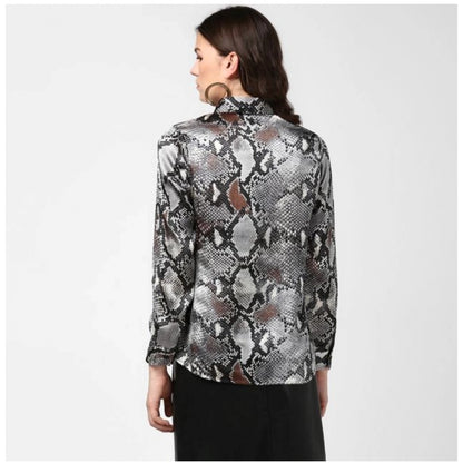PKRKART Women's Satin Animal Print Long Sleeves Standard Length Shirt (Black - Grey)