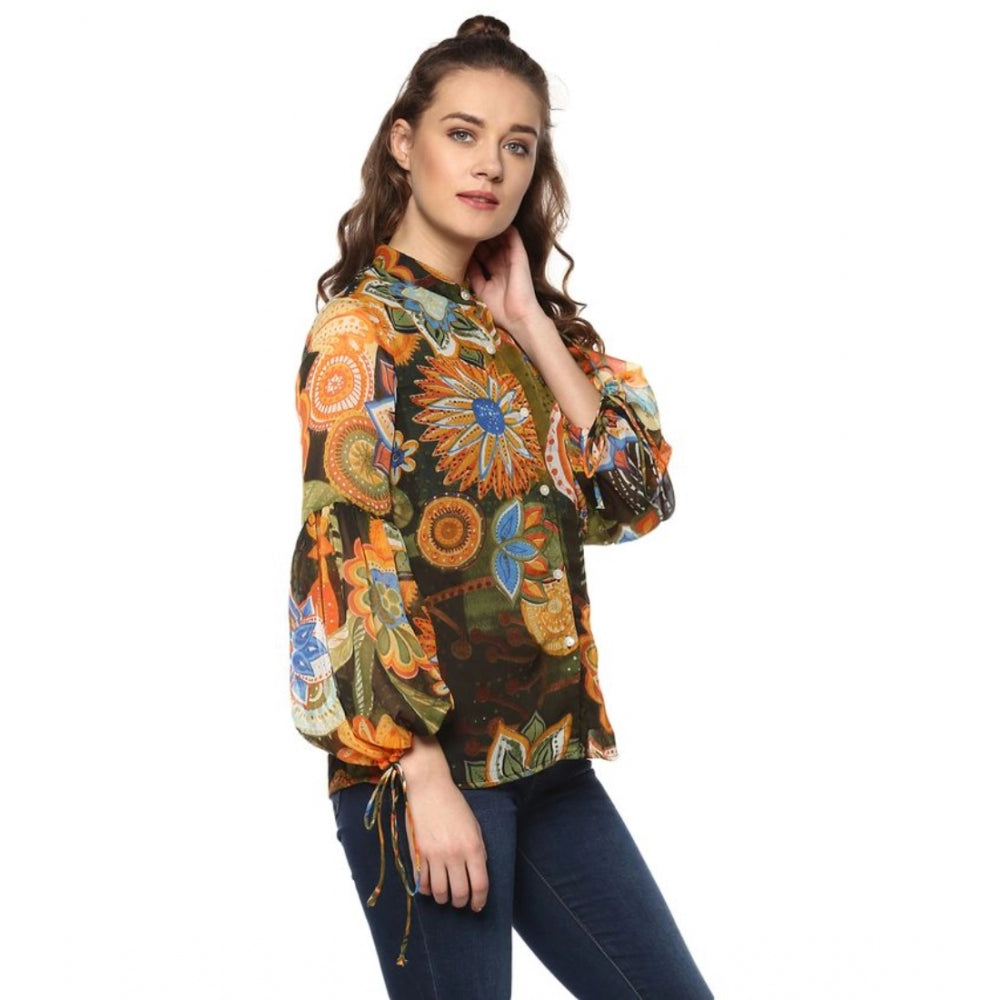 PKRKART Women's Polyester Floral Balloon Sleeve Top (Mustard - Olive)