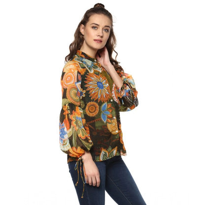 PKRKART Women's Polyester Floral Balloon Sleeve Top (Mustard - Olive)