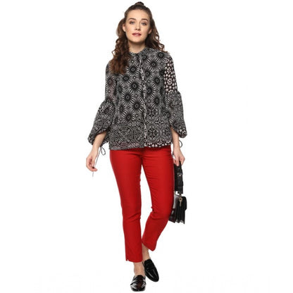 PKRKART Women's Polyester Printed Balloon Sleeve Top (Black - White)