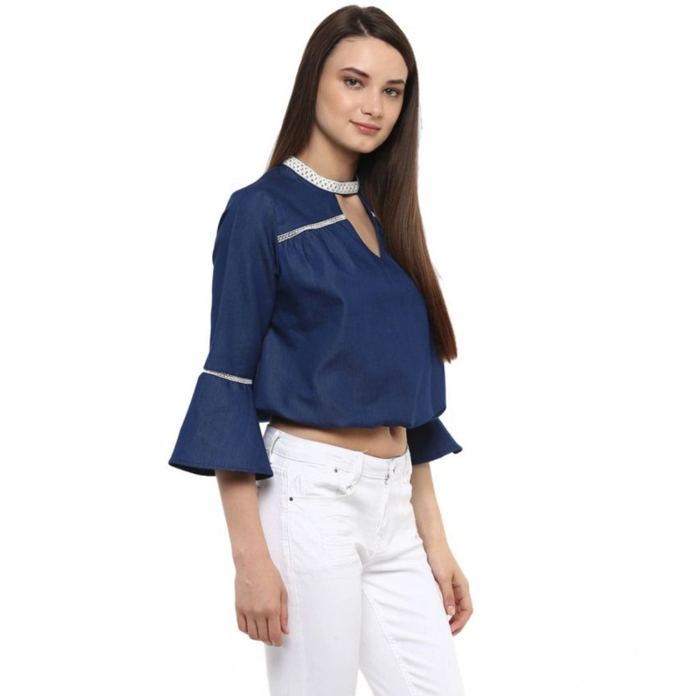 PKRKART Women's Polyester Solid Bell Sleeve Regular Top (Blue)