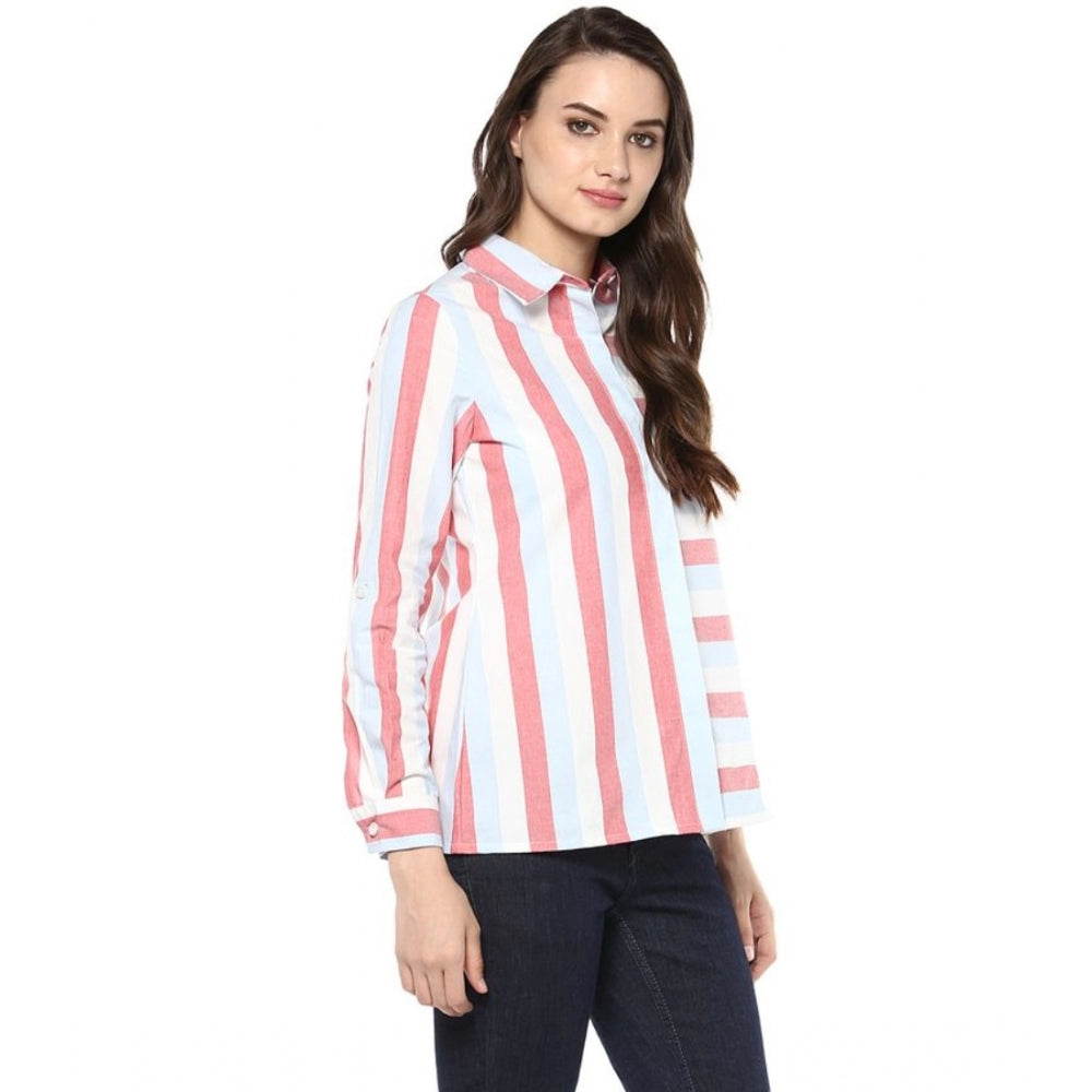 PKRKART Women's Cotton Striped Roll Up Sleeve Regular Top (Red)
