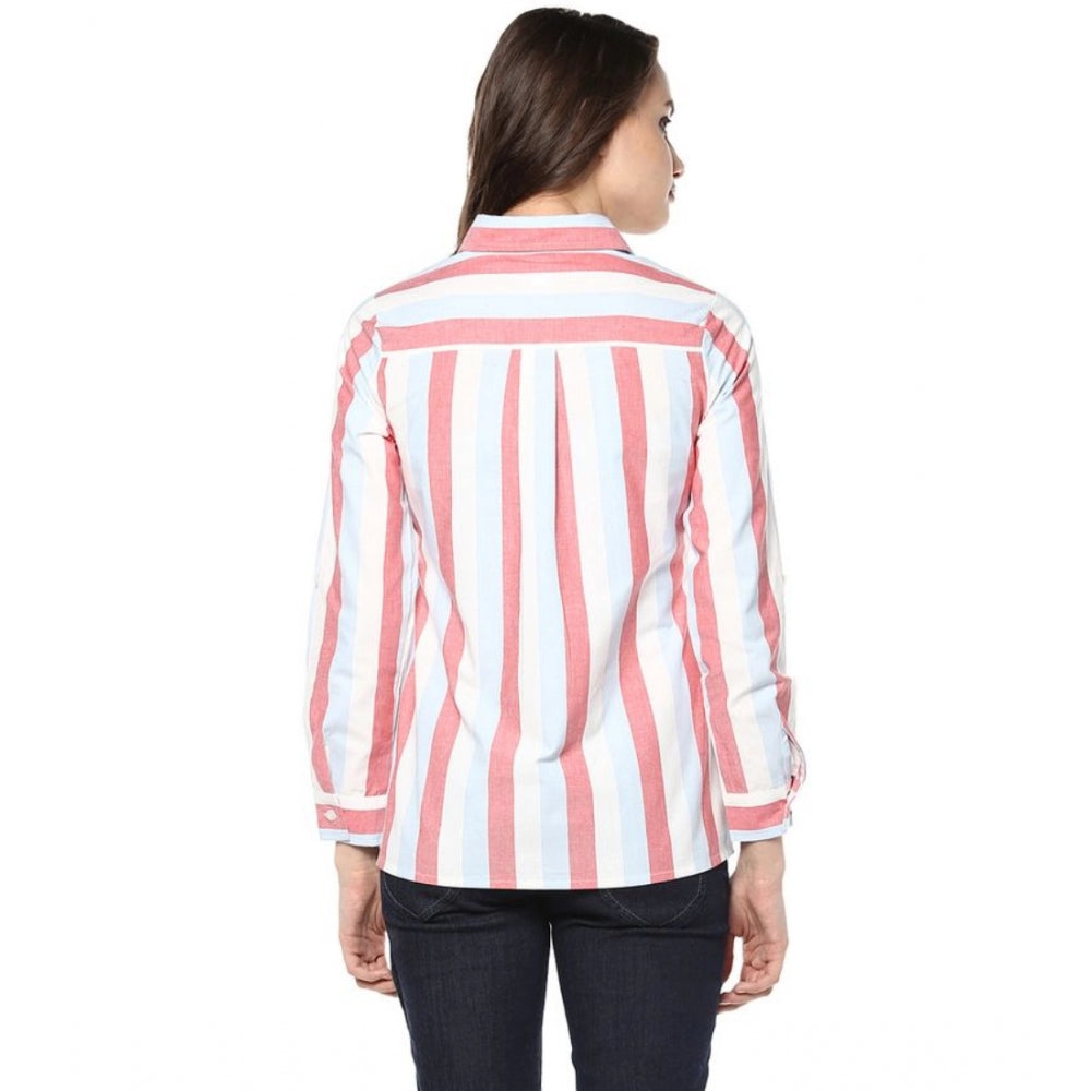 PKRKART Women's Cotton Striped Roll Up Sleeve Regular Top (Red)