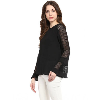 PKRKART Women's Polyester Georgette Self Design Bell Sleeve Regular Top (Black)